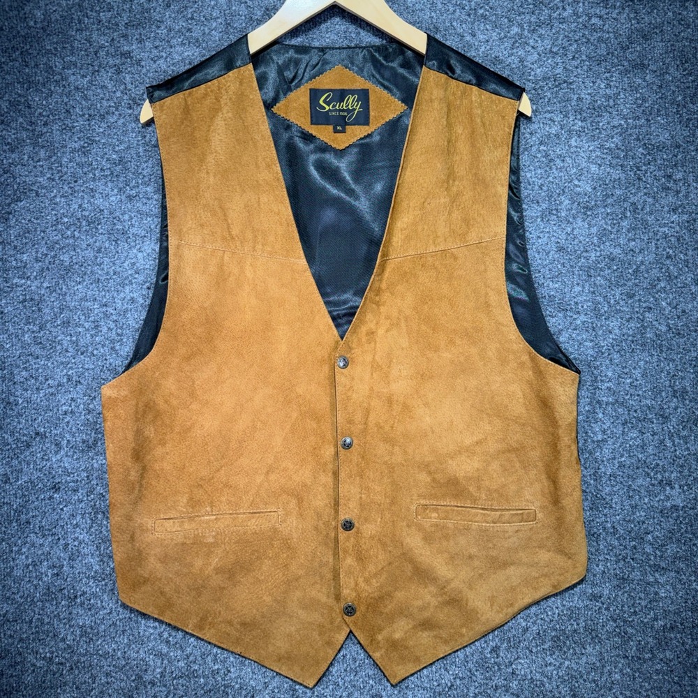 Scully Western Suede Leather Vest Men XL Tan Brown Star Button Cowboy Cinch Back
